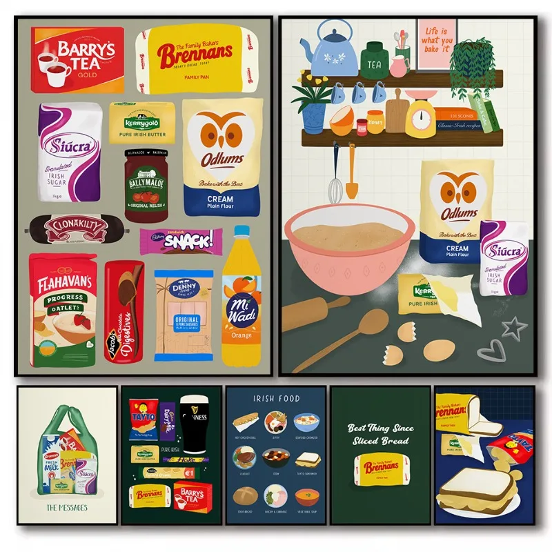 Cute Classic Ireland Food Snack Butter Irish Kitchen Cartoon Illustration Poster Canvas Painting Wall Art Pictures Home Decor