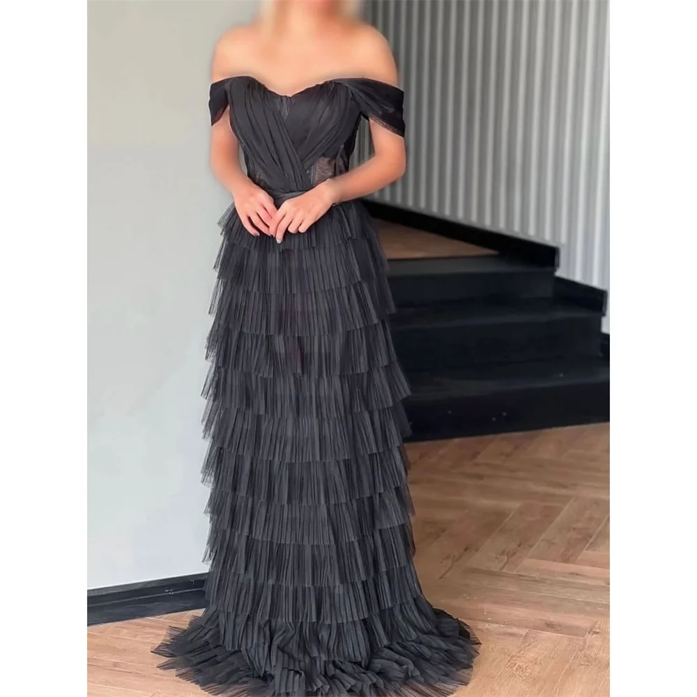 

Lorrtta Chiffon Off The Shoulder black A-Line Tiered Ruffles Off-shoulder Premium Designer Evening Dress 2026 Prom Dress
