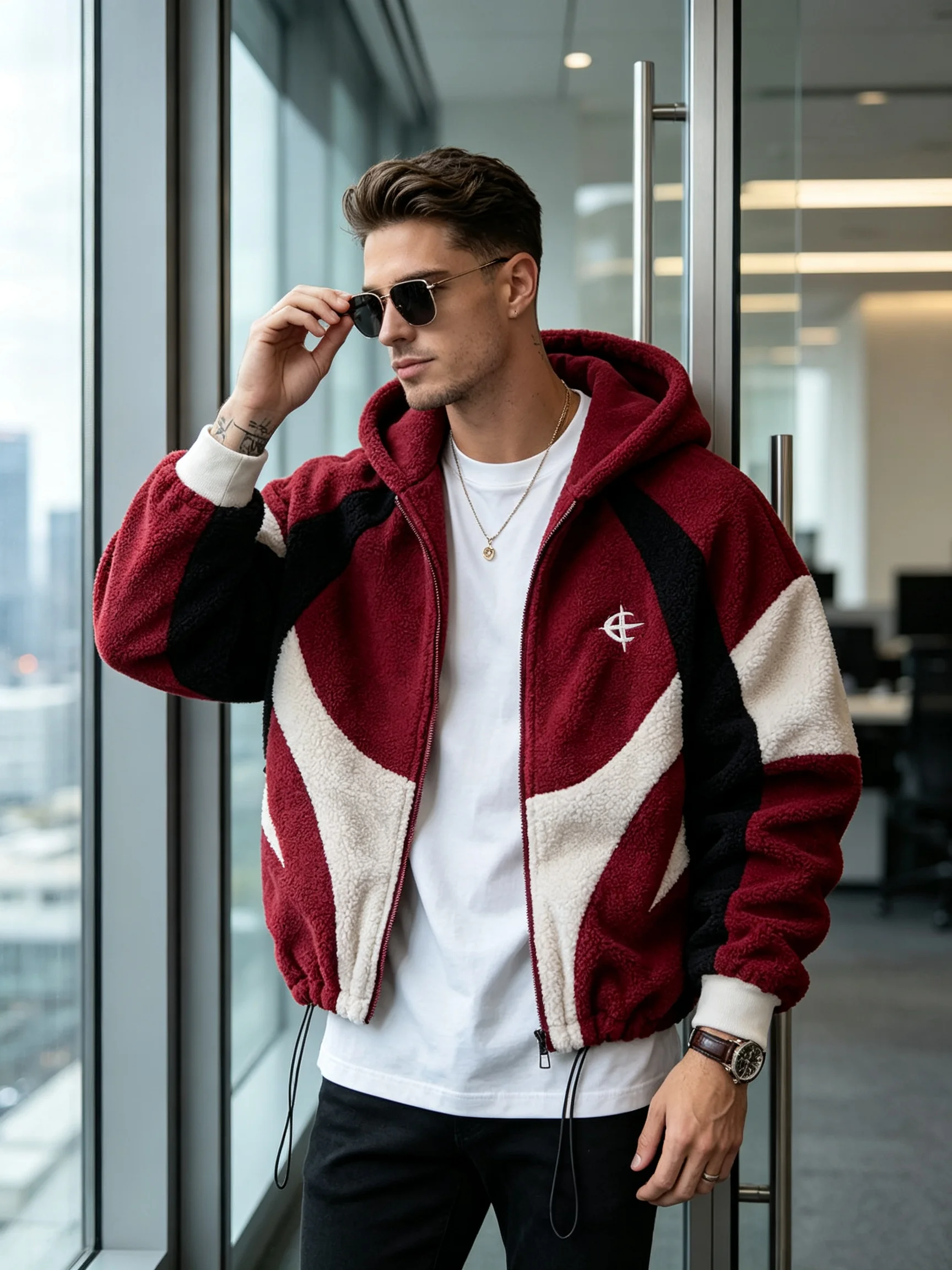 Men's Color‑Block Sherpa Fleece Hooded Jacket Drawstring Hem Zip Up Streetwear Warm Winter Outerwear