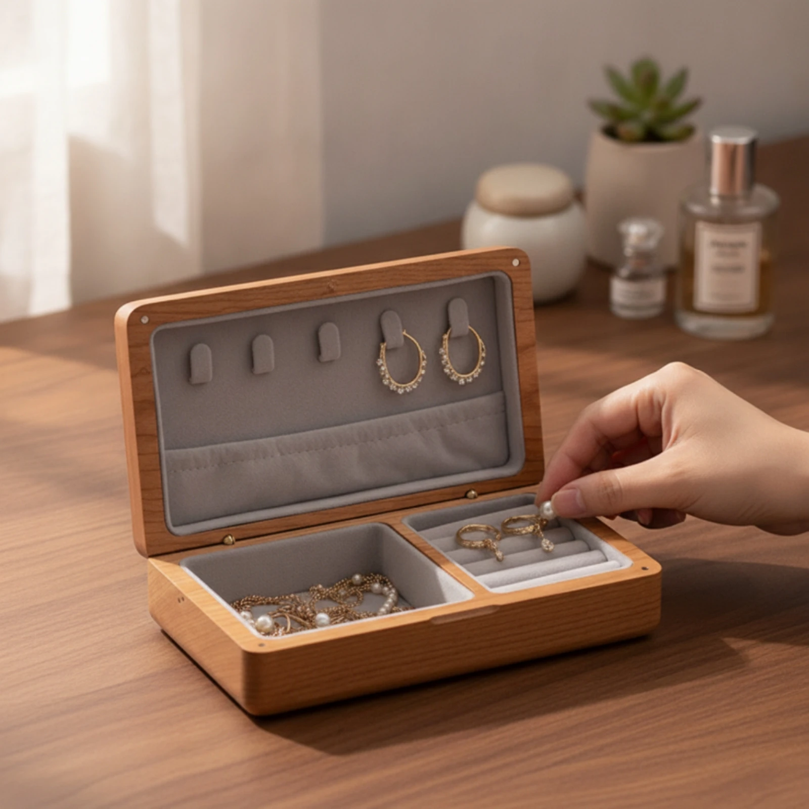 Wooden Jewelry Box Handmade Jewelry Storage Box with Hinged Lid Compact Rustic for Women, Dresser, Vanity