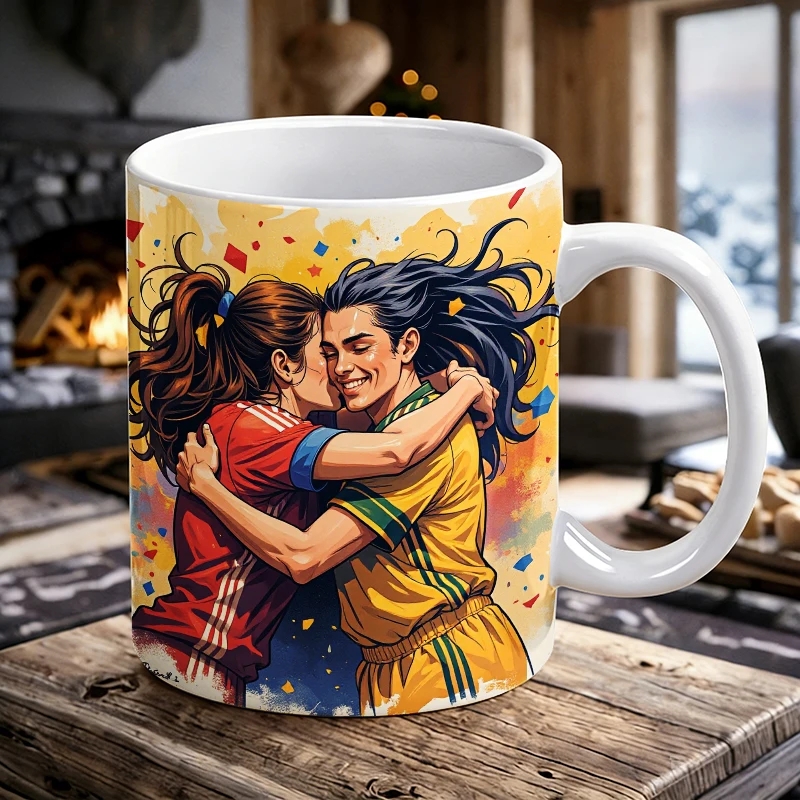 

Football Victory Hug Celebration Coffee Mug,Couple Soccer Player Embrace Art Ceramic Cup,11oz Romantic Sport Fan Daily Drinkware