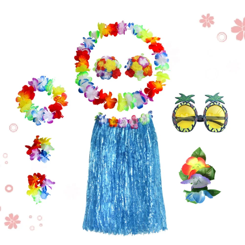 

1 Set Hawaii Tropical Hula Grass Dance Skirt Flower Bracelets Sunglasses Headband Necklace Set (Blue)