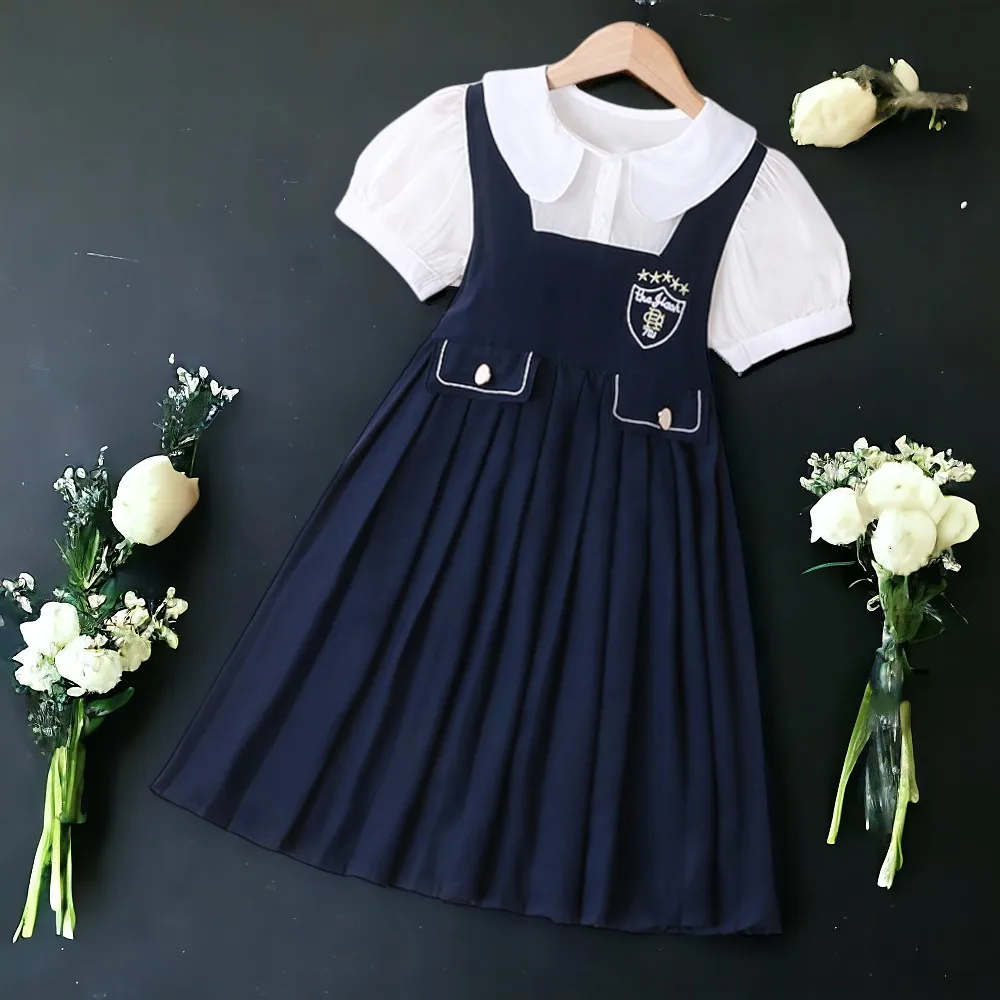 Summer School Uniform Girls Dresses Suit Outfits Teenager Baby Clothes White Shirt & Dress Kids Costumes 6 7 8 9 10 11 13 Years