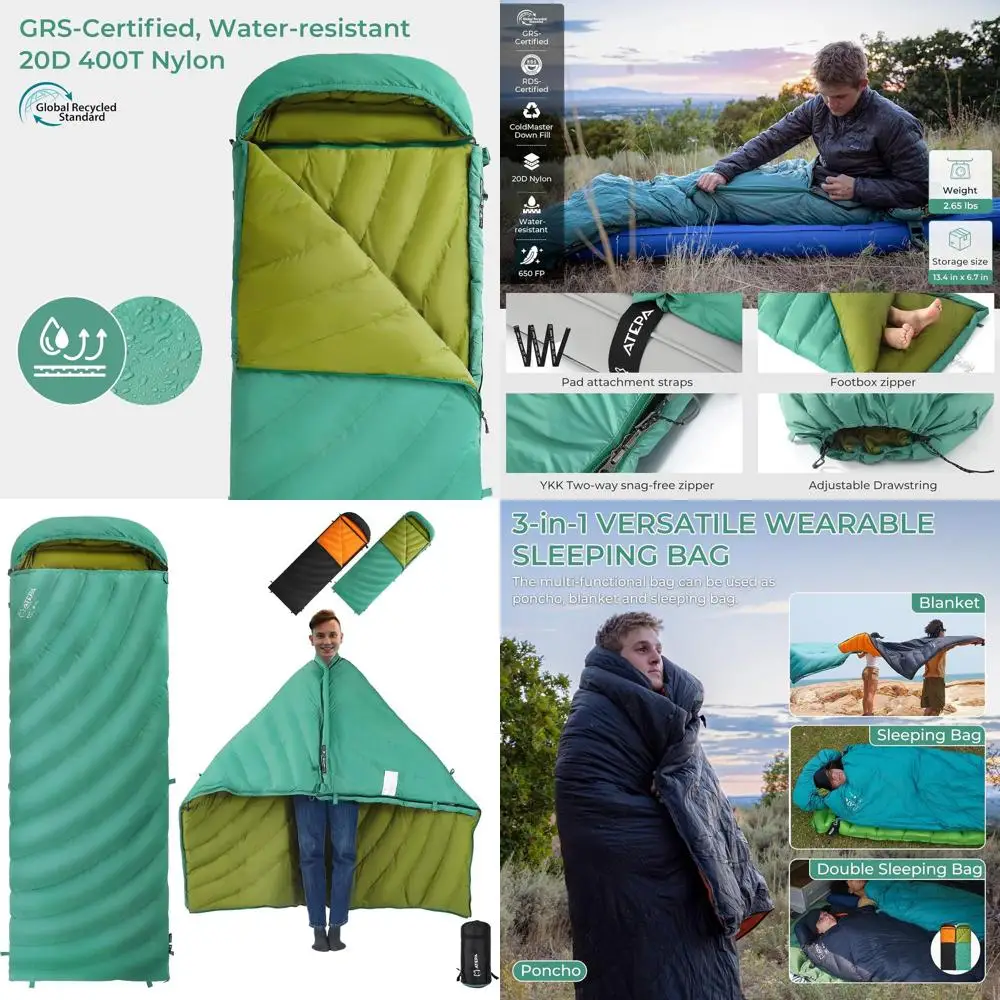 

Down Sleeping Bag for Adults, 650FP Recycled 30°F 35°F 40°F 45°F 3 Season Wearable Ultralight Packable Compact Sleeping Bags wit