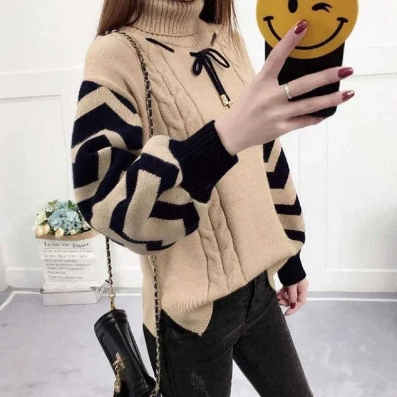 Pactchwork Twisted Turtleneck Pullover Sweater Women Lantern Sleeves Striped  Fall Winter Warm Knitted Sweater Casual Lazy Tops