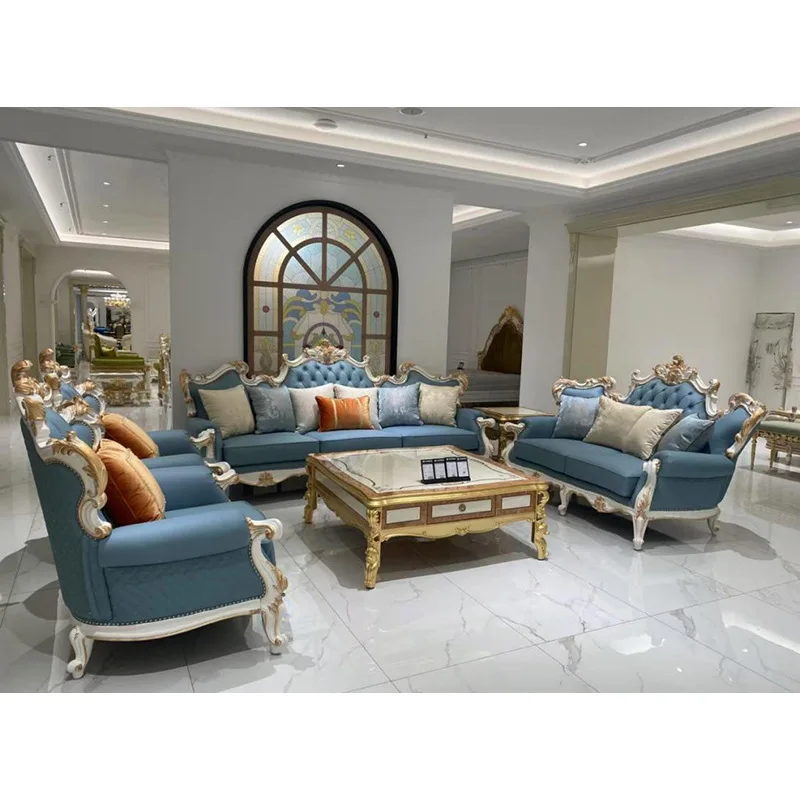 French Leather Art Sofa, Neoclassical Solid Wood Villa Luxury Living Room Leather Art 123 Combination Large Apartment Furniture