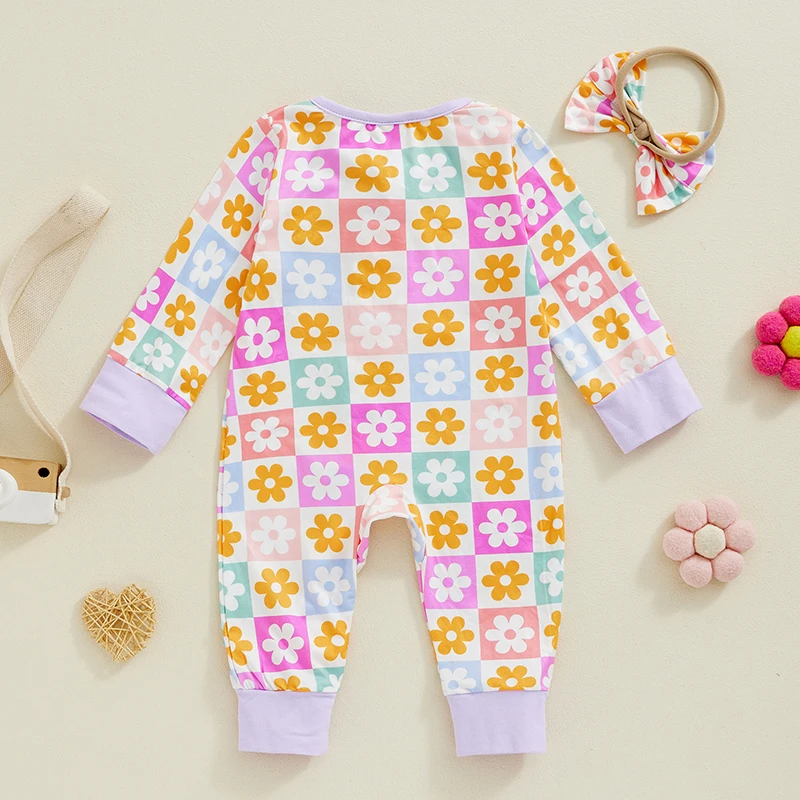 Mameluco con cremallera para niñas, monos de manga larga con estampado floral y lindo conjunto de diadema para niños pequeños, trajes de 2 piezas