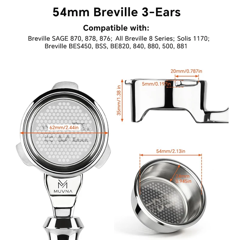 MUVNA Lucifer Breville 54mm Bottomless Portafilter For Pro,Touch,3 Ears Espresso Replacement Handle with Double-layer Basket