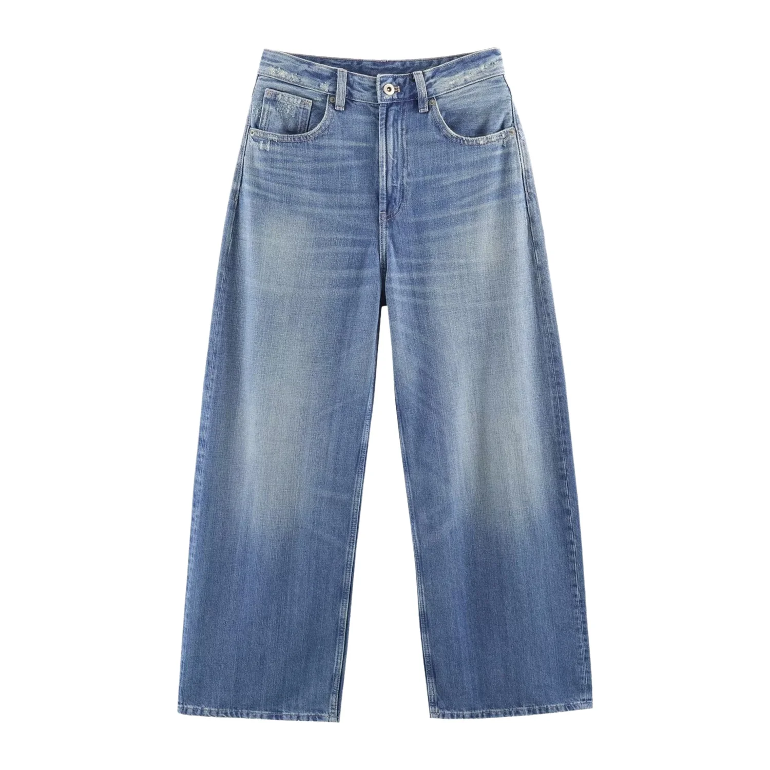 

Casual High Waist Wide Leg Leather Pocket Denim Jeans Women's Spring New Arrival Comfortable Straight Fit Classic Style