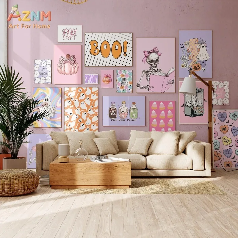 AZNM Pink Spooky Halloween Canvas Wall Art Skeleton Ghost Pumpkin Boo Print Painting Pastel Gothic Poster for Living Room Home D