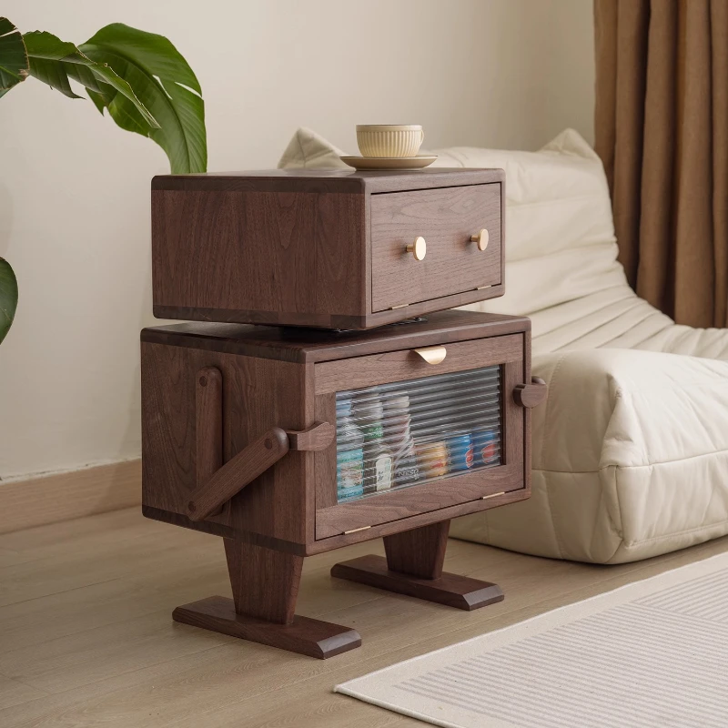 #￥Black Walnut Nightstand Solid Wood Robot Shaped Sideboard Cartoon Creative Bucket Cabinet Storage Furniture Rotatable Modern