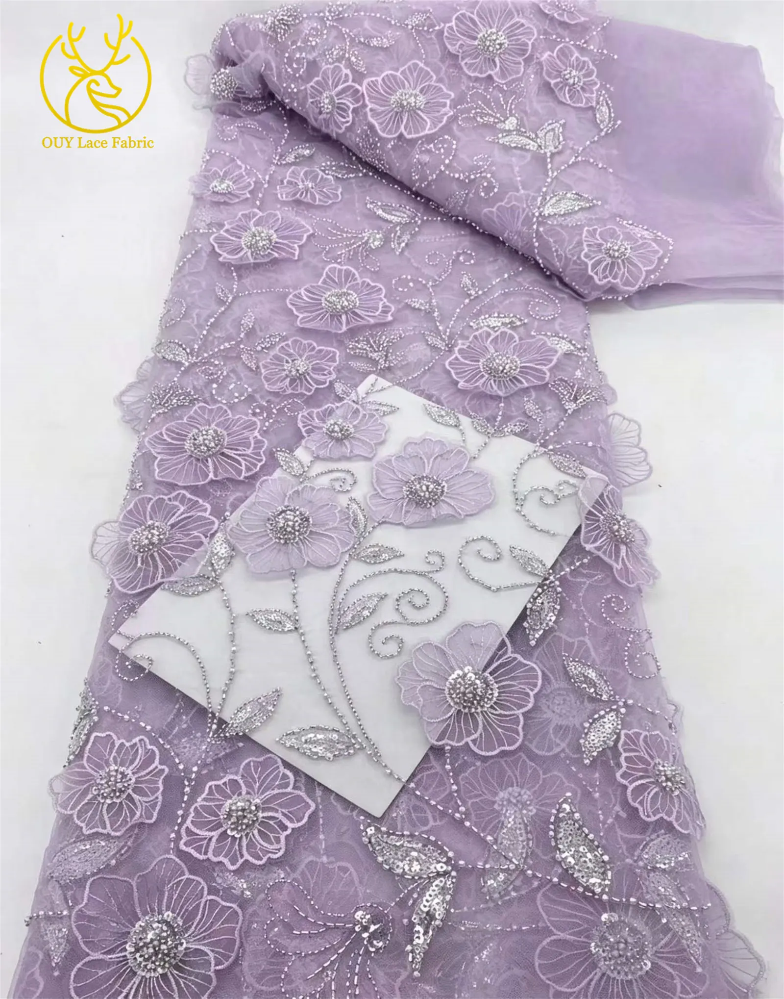Eleganter nigerianischer 3D-Blumen-Stickerei-Spitzenstoff 2026 Hochwertiger afrikanischer Perlen-Pailletten-Spitzenstoff für Abendkleider – Detail 15