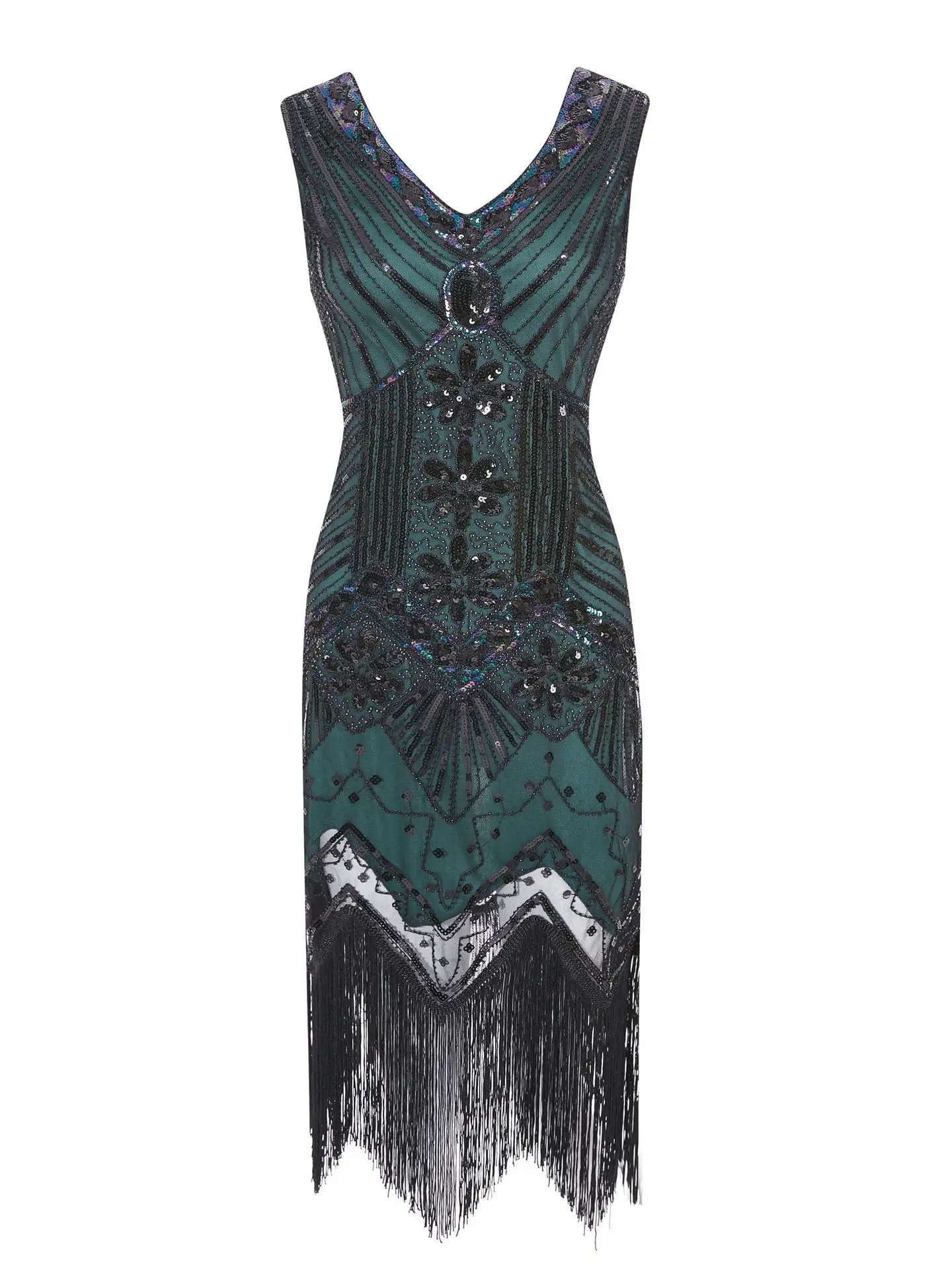 Women 1920s Vintage Great Gatsby Dress Sequins Dress V-Neck Tassels Bodycon Beaded Party Evening Dress Christmas Evening gown