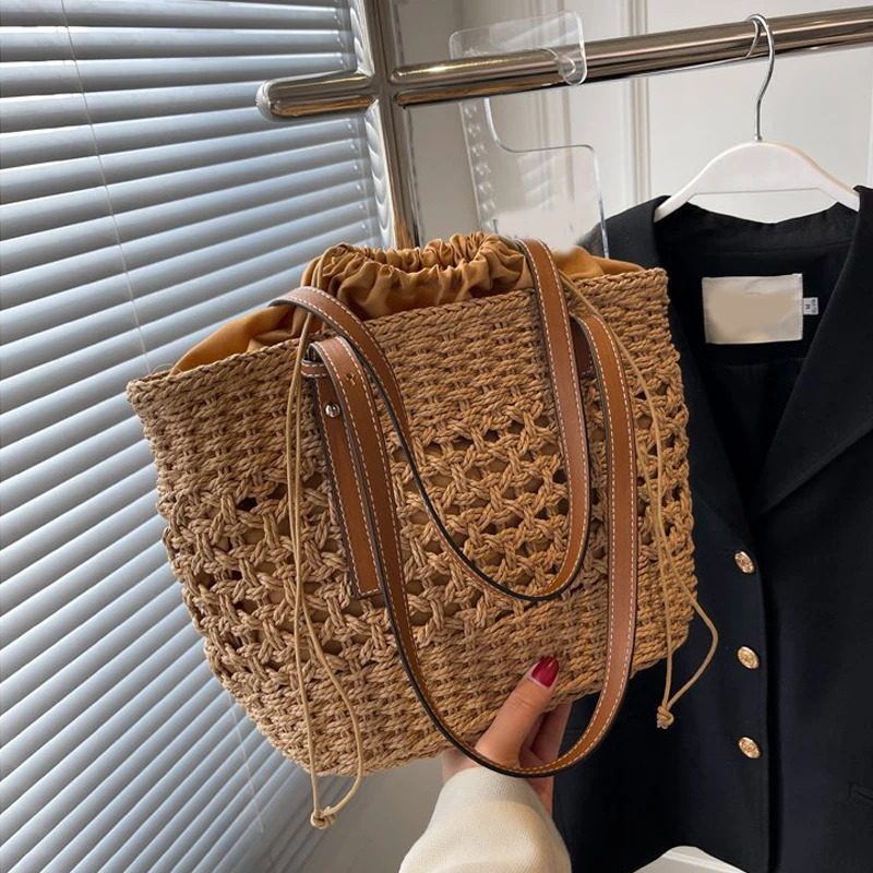 Designer Casual Rattan Wicker Tote Bag Large Capacity Woven Women's Summer Beach Straw Handbag Lady Travel Big Basket