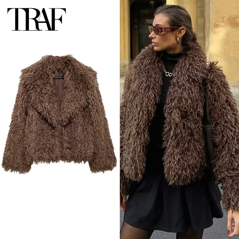 TRAF 2024 เสื้อแจ็คเก็ตสตรีPlush Teddy Coatผู้หญิงCropสีน้ําตาลOuterwearsใหม่ในเสื้อโค้ทและแจ็คเก็ตเสื้อแขนยาวWarmฤดูหนาวCoats