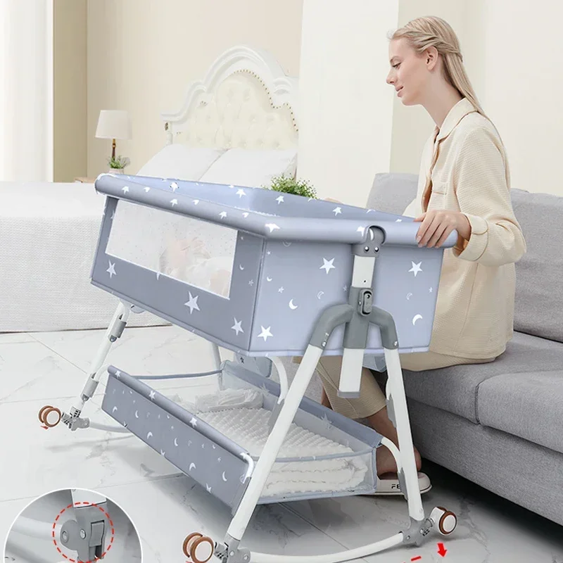 Baby crib splicing big bed children folding and lifting newborn baby cots with nursing table and bedding