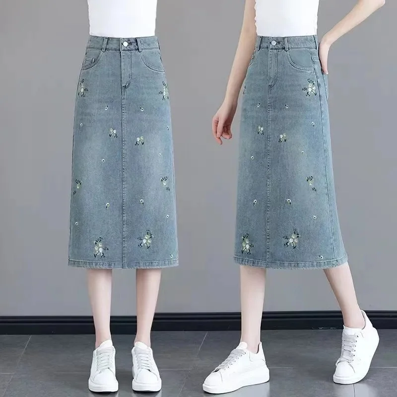 Indústria pesada bordado cowboy saia primavera/verão novo 2026 divisão de cintura alta saia de comprimento médio parece fino senhora saia emagrecimento