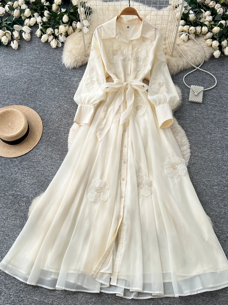 

Elegant Heavy Embroidery Long Sleeve Dress Women's Korean Style Belted Waist Slimming Long Dress Summer Season City Commute