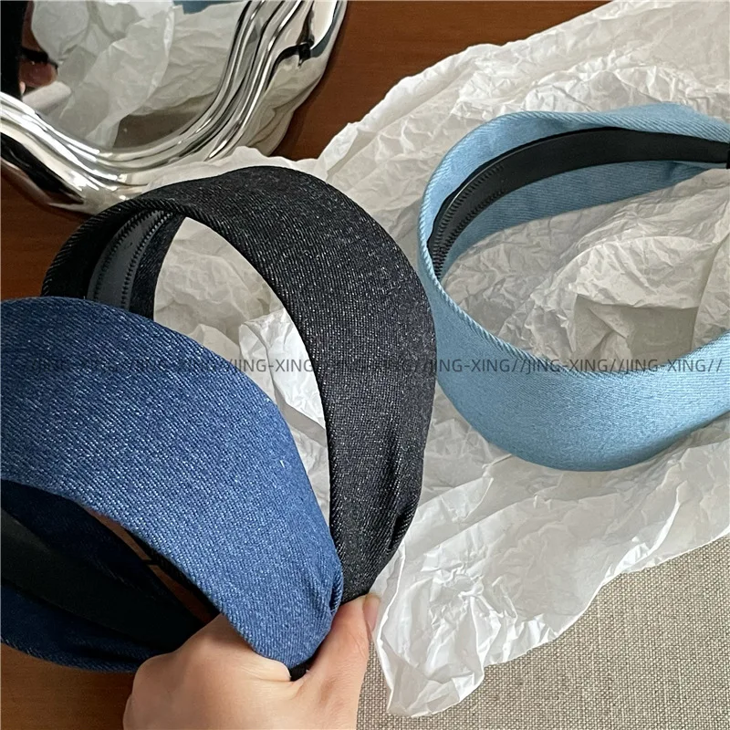 Modisches, individuelles, blauem Denim-Optik gestreiftes, breites Stoff-Haarband, koreanische Version, neues Street-Style-Haarband mit Druckknöpfen, Haarband zum Gesichtwaschen – Detail 6
