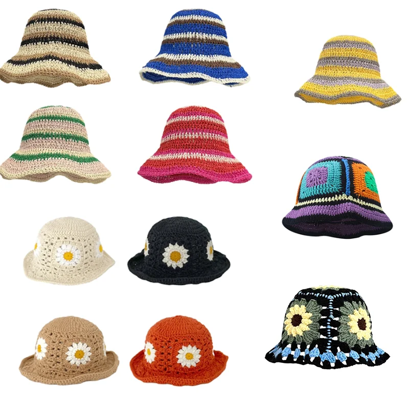 

Crochet Flower Bucket Hat for Woman Breathable Multi-color Weaving Wide Brim Bucket Hat Adult Teens Four Seasons Fisherman Cap