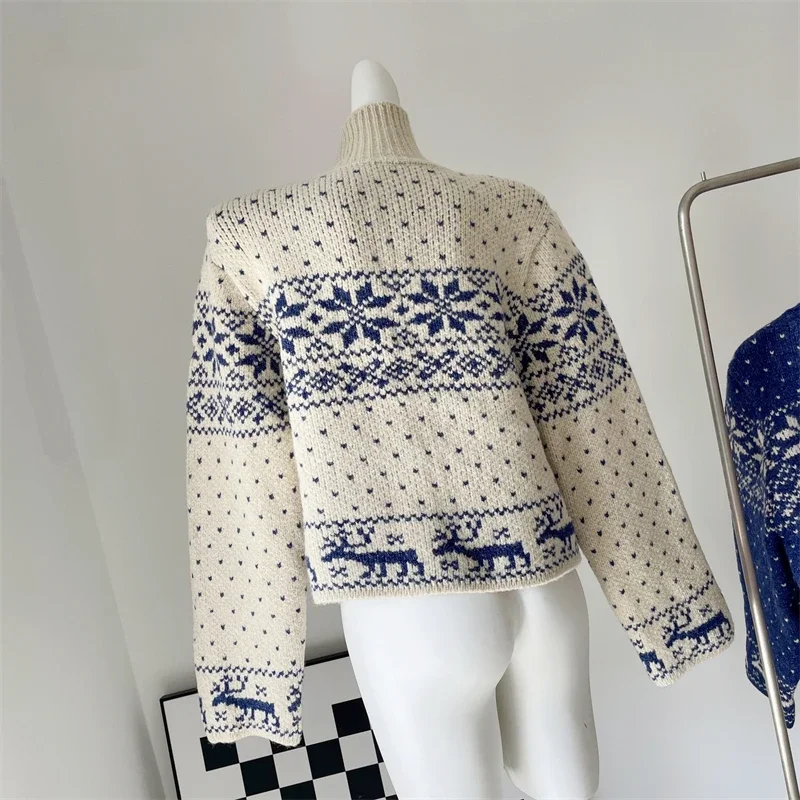 Vintage Snowflake Sweter Płaszcz Damski Jesień Zima Moda Luźny Casual Miękki Ciepły Beżowy Niebieski Świąteczny Dzianinowy Kardigan Płaszcz