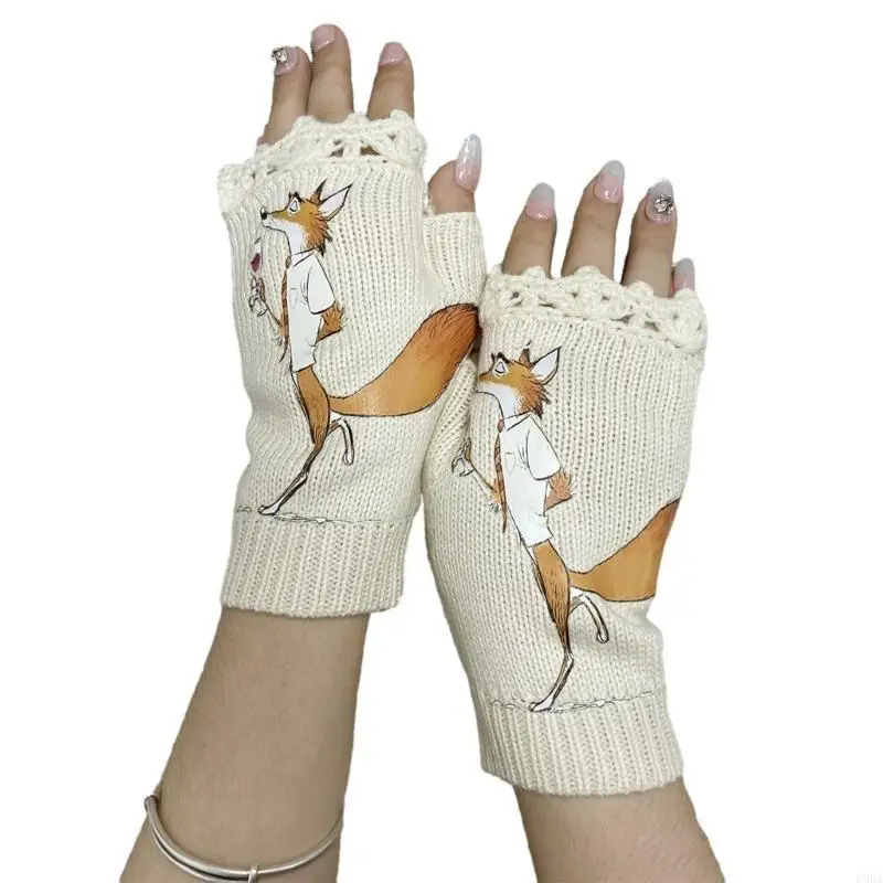 

P88A Cartoon Foxes Print Gloves Winter Half Finger Gloves for Teens Skiing Cycling