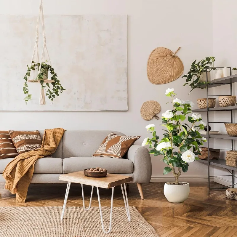 شجرة الكاميليا الاصطناعية 2 عبوة - نباتات الكاميليا الواقعية في وعاء مع زهور بيضاء، خضرة صناعية نابضة بالحياة لغرفة المعيشة، P