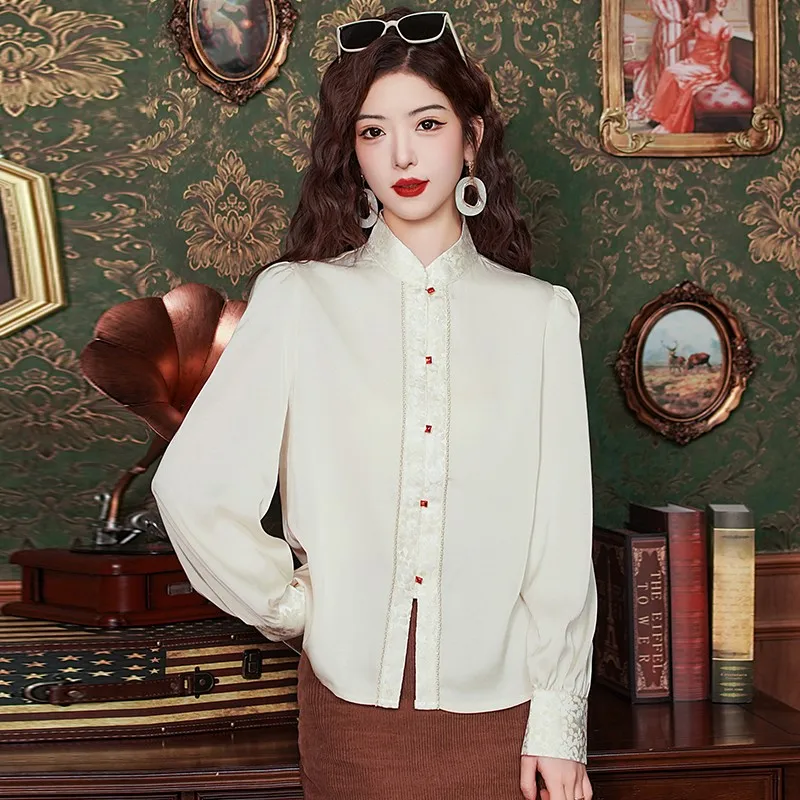 Camisa informal de manga larga para mujer, camisa básica de estilo chino con cuello mandarín Vintage, Tops elegantes, novedad de 2024, W1881