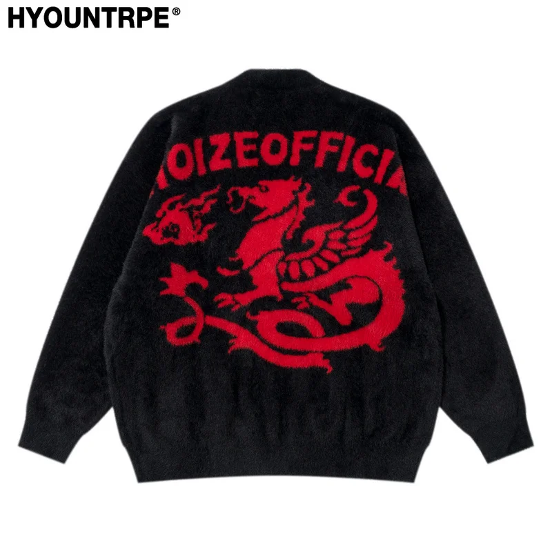 

Men Cardigan Sweater Fashion Dragon Pattern Streetwear Hip Hop Warm Hairy Knitted Cardigan Single Breasted Sweater Unisex Jumper
