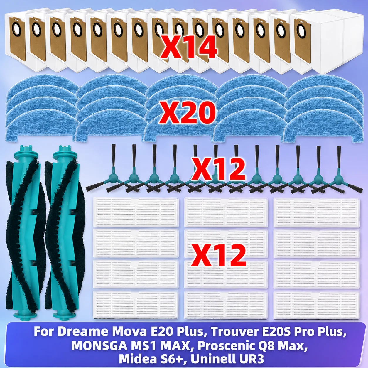 Compatible con Dreame Mova E20 Plus, Trouver E20 Plus, MONSGA MS1 MAX, Uninell UR3, ROPO Vision PRO, Trouver E20S Pro / E20S Pro Plus, Proscenic Q8 Max, Lubluelu L15 Plus Cepillo Filtro Bolsa Mopa