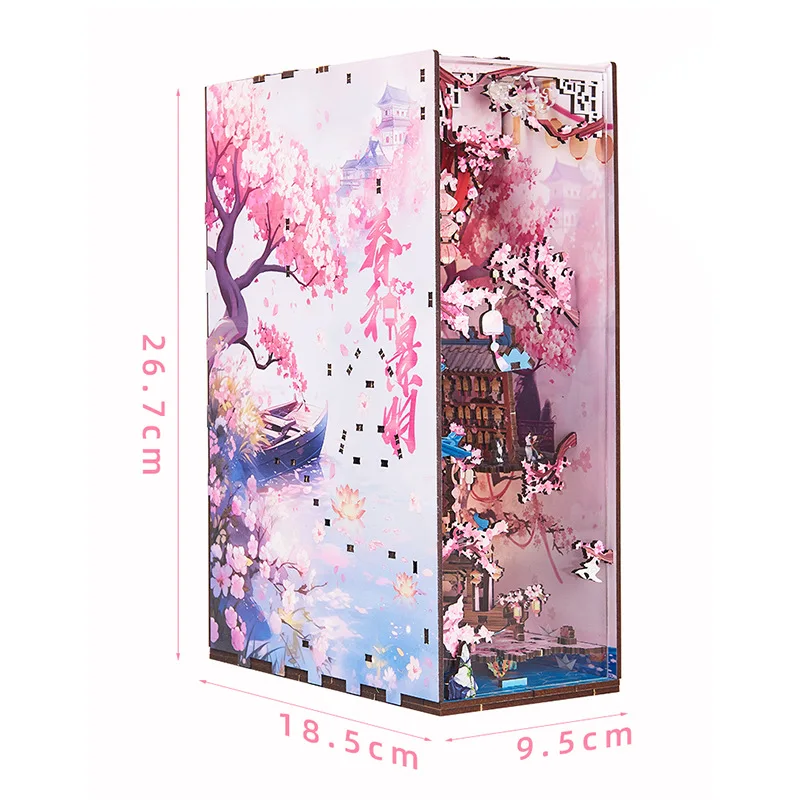 DIY Holz Buchecke Regal Einsatz Kit Frühling Kirschblüte Buchstütze Miniatur Modell Kits Bücherregal für Freunde Geburtstagsgeschenke