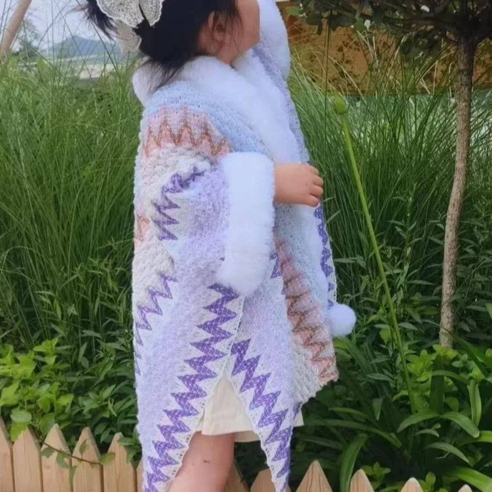 

Детское монгольское пончо с воротником из искусственного меха, зимнее теплое плюшевое вязаное накидка в этническом стиле, полосатая вязаная накидка из искусственной шерсти