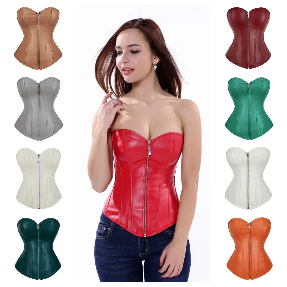 Woman Corset Top Punk Leather Bustiers Lace Up Boned Bustier Plus Size Gothic Zip Korsett Push Up Corsets Rave Festival Costumes