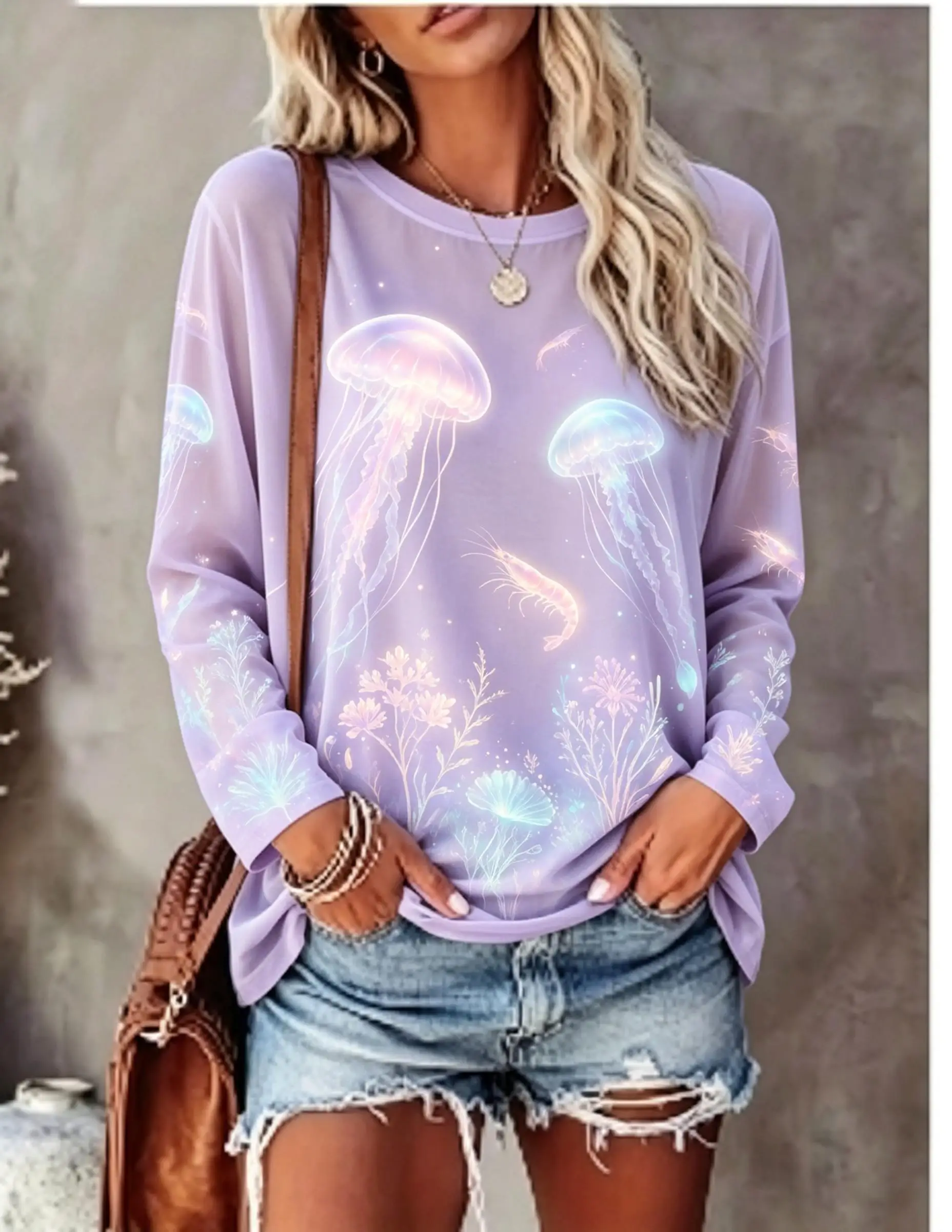 Women Long Sleeve T Shirt Fantasy Glowing Jellyfish Underwater Coral Print Crew Neck Casual Tops
