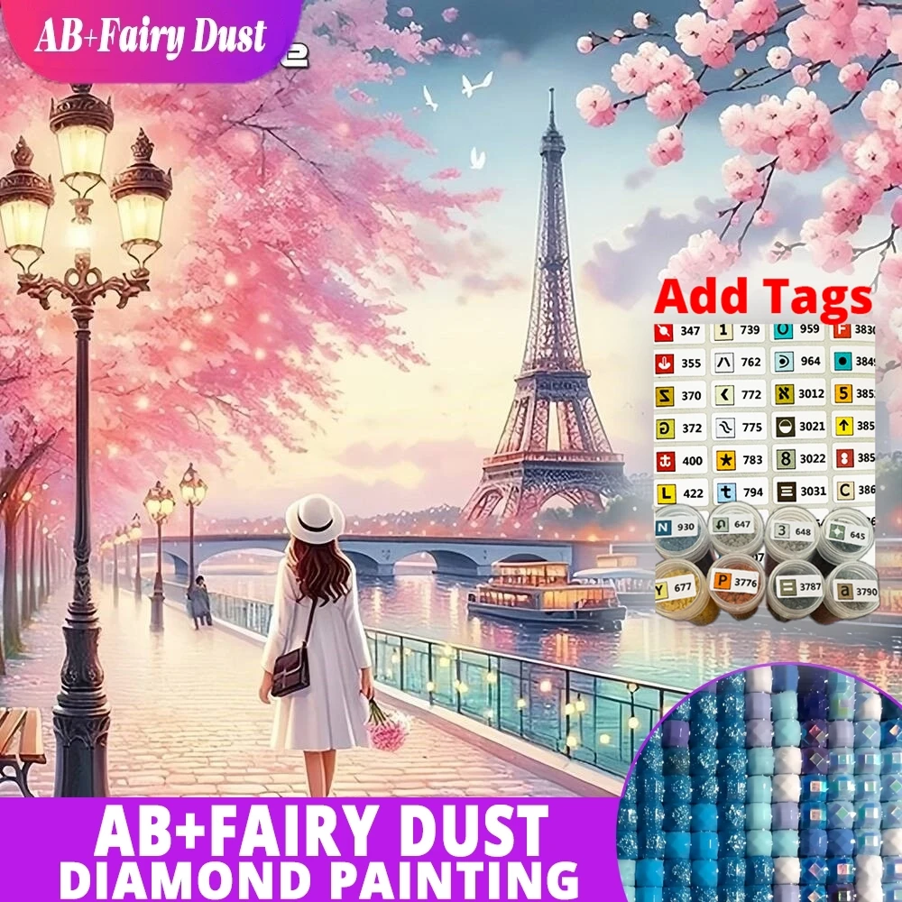 

AB Fairy Dust DMC stickers DIY Diamond Painting Eiffel Tower Landscape Full Square Round Diamond Embroidery River Street Mosaic