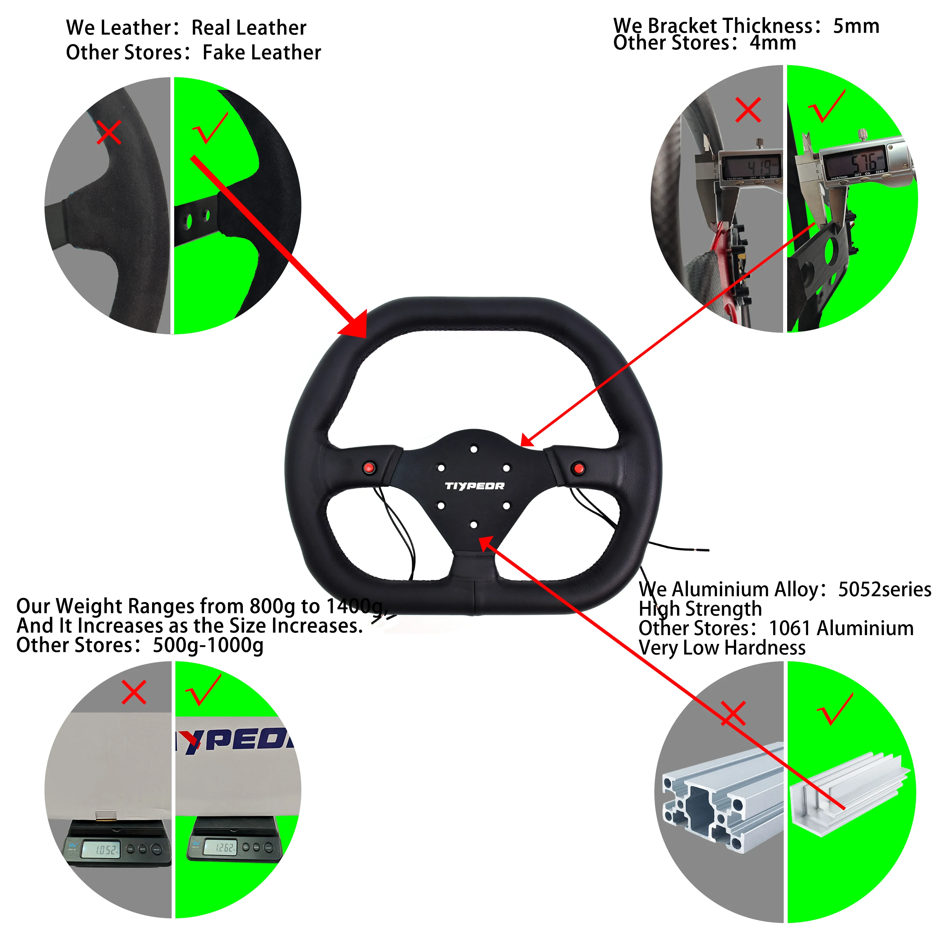 TIYPEOR D Shape 350mm Universal Leather Steering Wheel Competitive Karting Drift Racing PC Simulation Game Steering Wheel