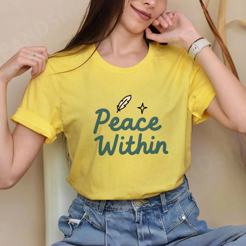 

Уличная одежда Peace Within, женская одежда с разноцветными буквами Y2K, хлопковая повседневная футболка с круглым вырезом, футболки с рисунком, минималистичный перо