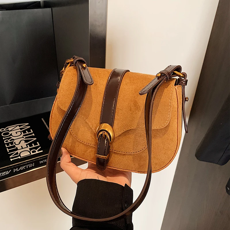 

Luxury Fashion Women Crossbody Bag Small Semicircle Saddle Bags Vintage Faux Suede Shoulder Bags For Ladies Handbags Designer