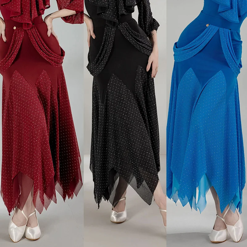 

Юбка для бальных танцев со стразами, женский танцевальный костюм для вальса, женская стандартная танцевальная одежда, нерегулярная сетчатая юбка BL16745