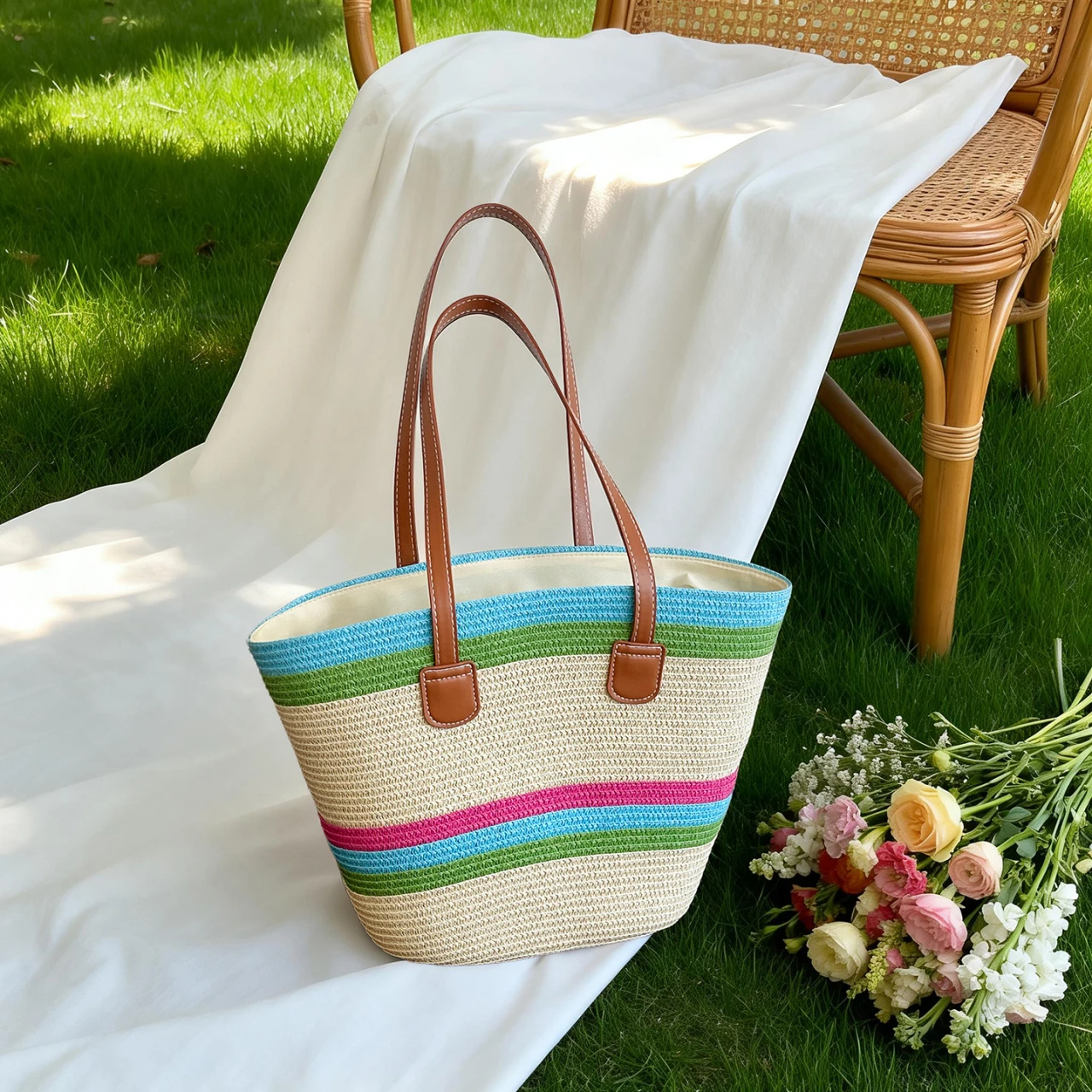 

Vacation Beach Women Tote Bag Vibrant Color Stripe Woven Straw Handbag Large Capacity Shoulder Bag for Summer Daily Use