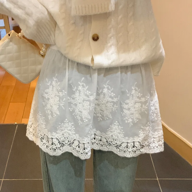

Korean Fashion Lace Skirt White Floral Lace Tulle Design Pairs Well With Jeans Layered Dress With Elastic Waistband