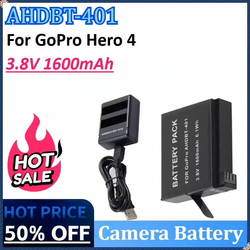 

New 3.8V 1600mAh for Hero 4 Replacement Camera Battery+ 2-Slots USB Charger for GoPro HERO4 for GoPro AHDBT-401 Action Camera