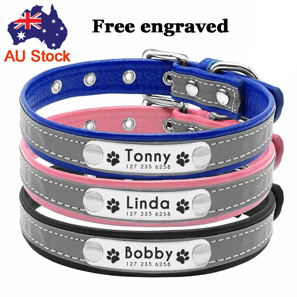 Reflective Leather Engraved Dog Collar Tag Girl Boy Cat Kitten Puppy Small Medium Adjustable Free Customization Personalized