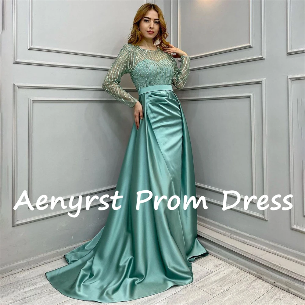 Aenyrst Long Sleeves Mermaid Cocktail Dresses Satin With Belt Prom Gowns Floor Length Dinner Party Dress Elegant فساتين السهرة