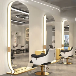 Mirror Desk Hairdresser,Perm and Dyeing Area,Stainless Steel Barber Shop,Floor-to-ceiling Mirror, Hair Salon Special with Lights