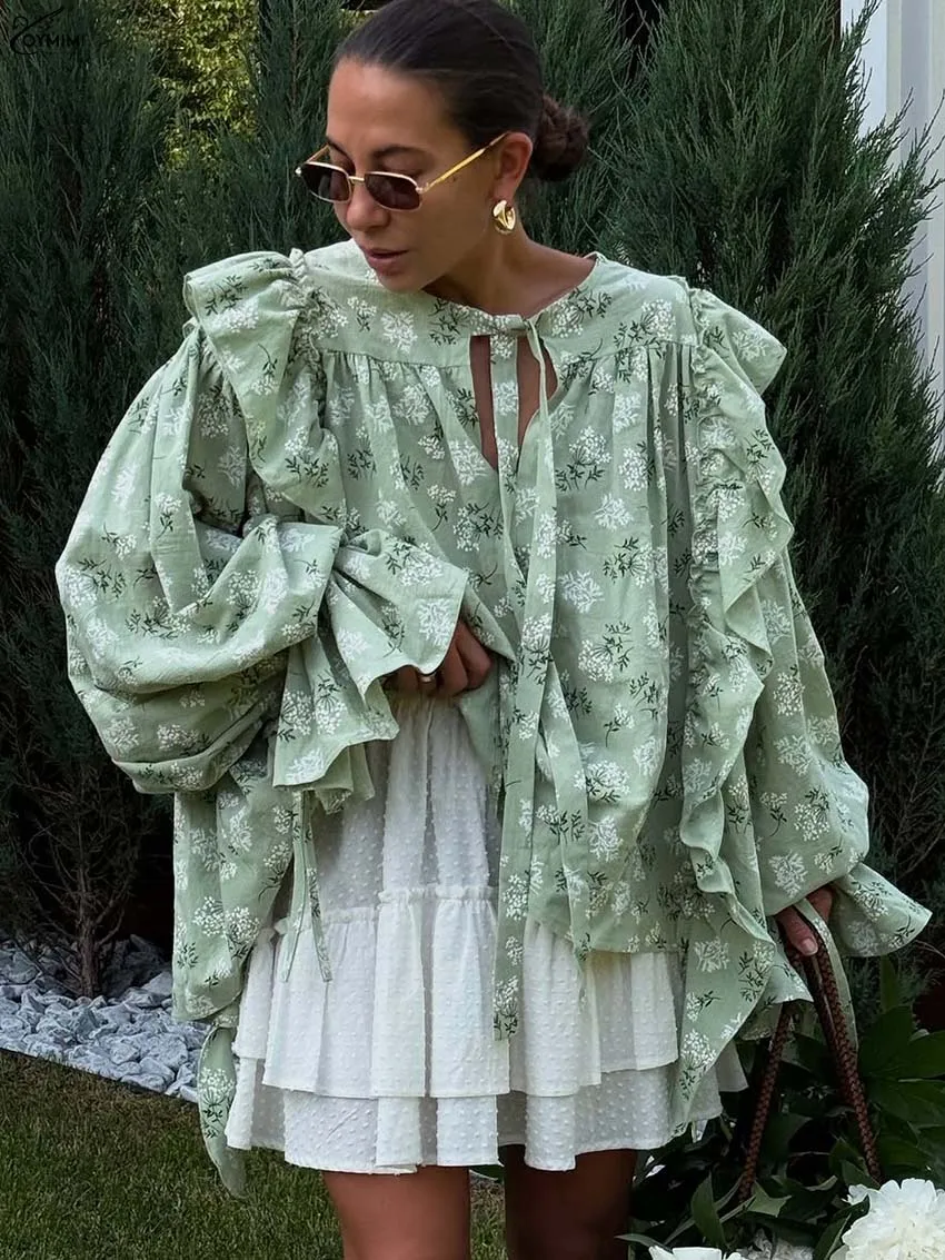 

Oymimi Elegant Green Print Womens Blouses Fashion Lace-Up Neck Puff Sleeve Ruffled Blouses Causal New Loose Blouse Streetwear
