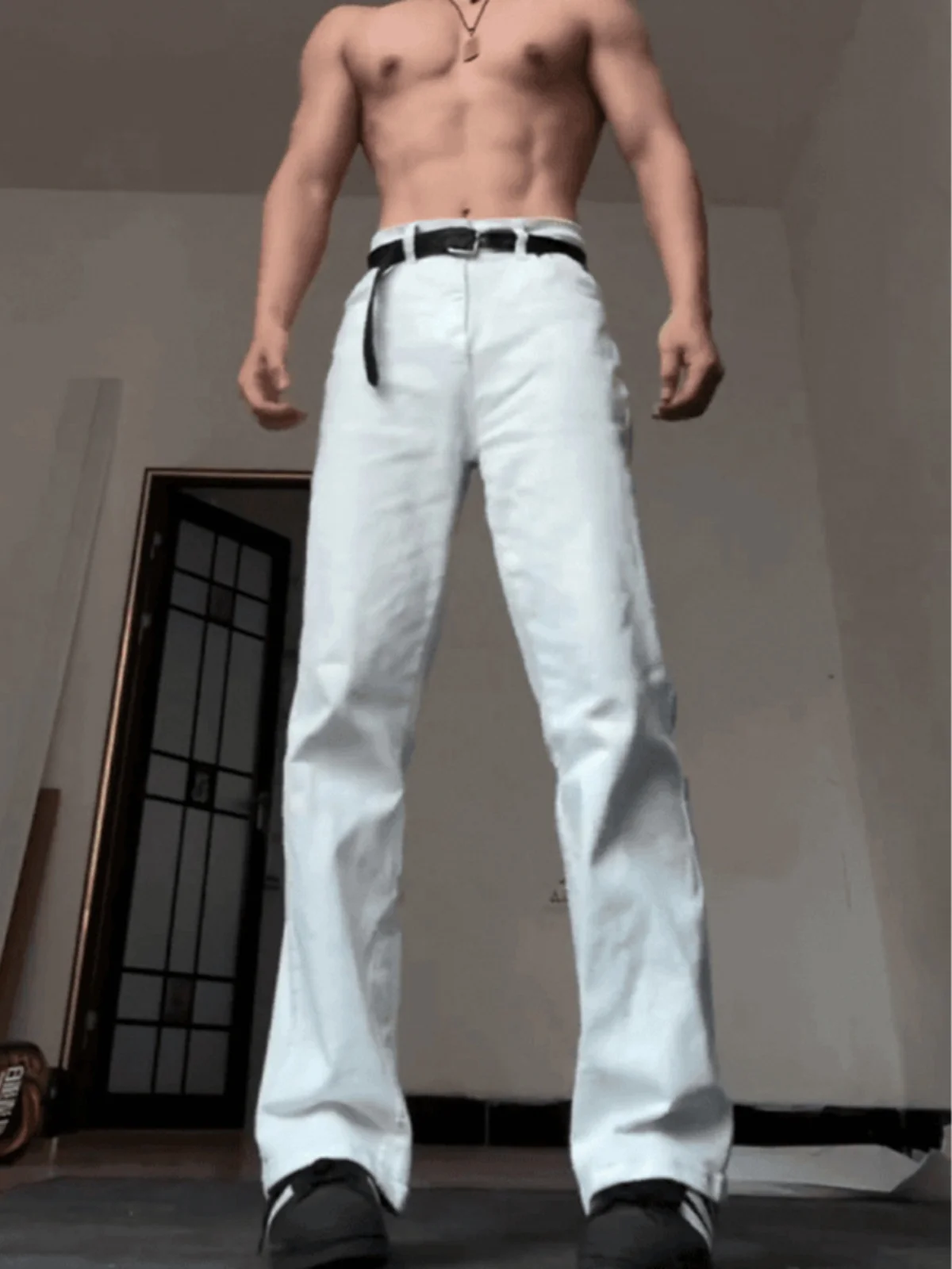 

Мужские белые джинсы с высокой талией и поясом, прямые, летние, в американском стиле, слегка расклешенные, молодежные, повседневные, для похудения