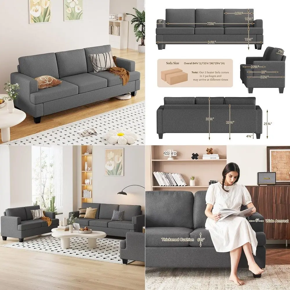 

85 inch Grey 3 Seater Couches, Modern Cozy Deep Seat Sofa, Comfy Fluffy Couch for Living Room, Small Couches for Small Space, w