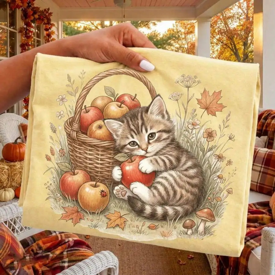 Women's Kitten Apple Basket Wildflower Print Retro Fall Beach Vacation Casual Short Sleeve Crew Neck Graphic T‑Shirt Tee Top