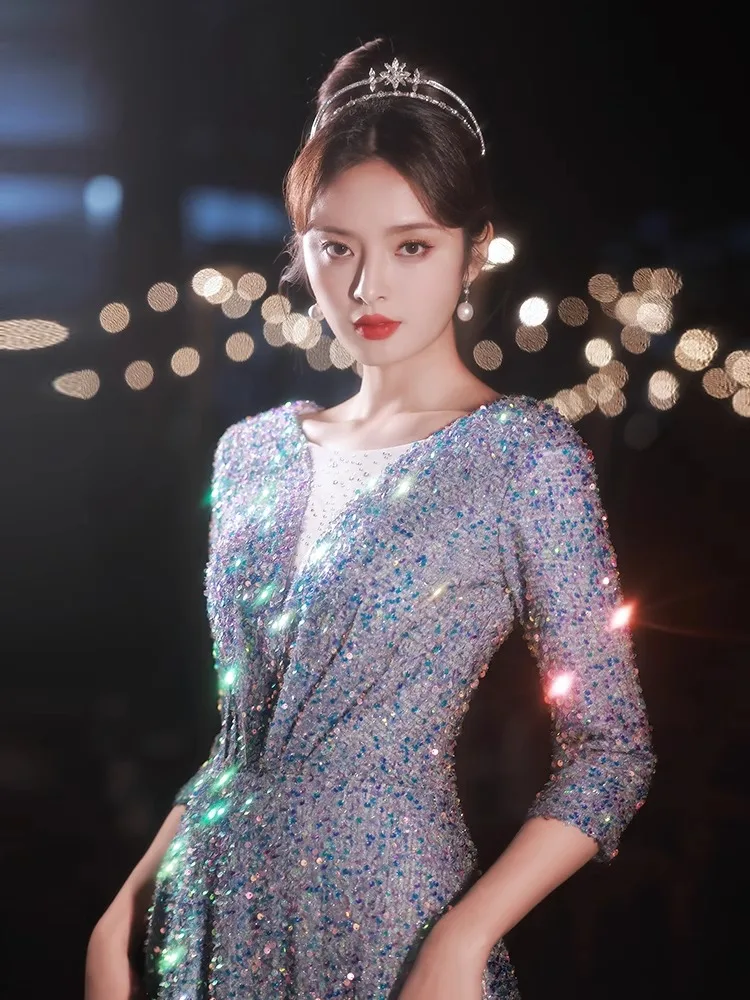 

Синее вечернее платье женское, новинка 2025 года, для дня рождения, для ведущей, элегантное, роскошное, высококачественное, корейский стиль, с завышенной талией, приталенное